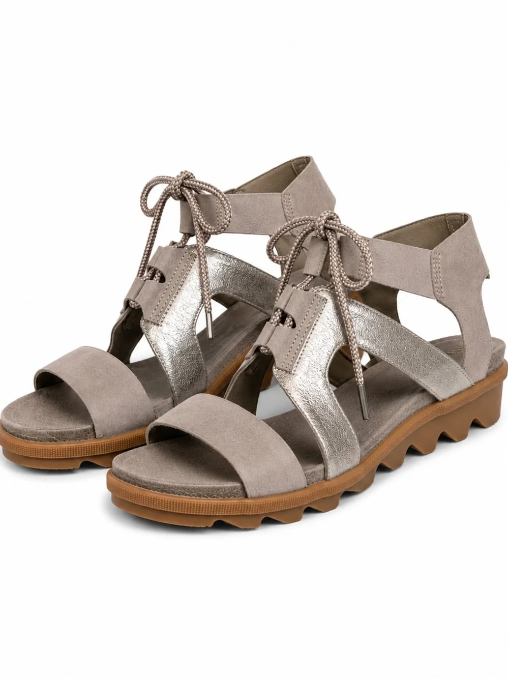 Sorel Joanie II Lace Wedge Sandals Womens‎ 10 Taupe Metallic Leather Platform